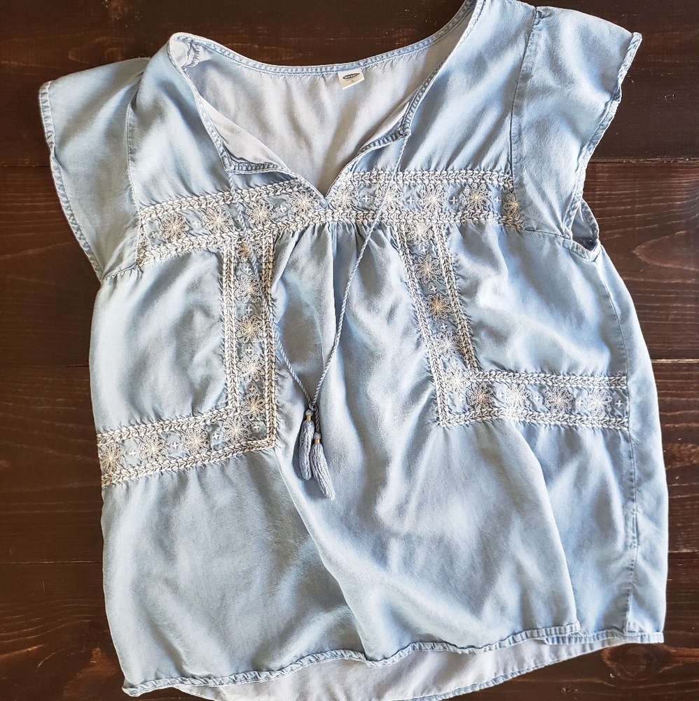 Womens Chambray Blouse with White Florals